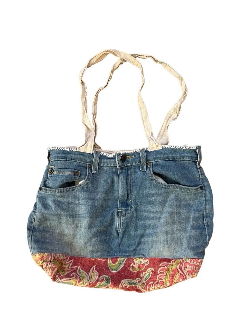 Handmade Denim and Cotton Upcycled Tote Bag Purse